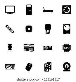 Vector black  PC components  icons set on white background
