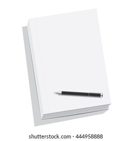 Vector black pen over the blank white book on white background mock up concept look like on the desk table.