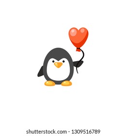 Vector black penguin with a balloon in the shape of heart. Cute animal. Bright cartoon love character. Greeting card for the Saint Valentines Day. 