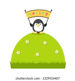 Vector black penguin standing on a round lawn holding a streamer "Spring". Children animal illustration. Cartoon card with a bird. Welcome spring
