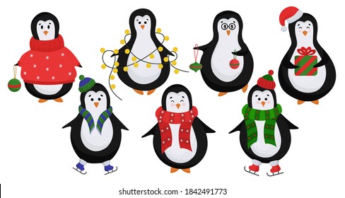 Vector black penguins isolated on a white background. Penguins in a flat style with Christmas decor, ice skates, sweaters, hats and scarves are perfect for Christmas cards, children's books