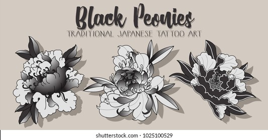 Vector Black Peonies Traditional Japanese Tattoo Art