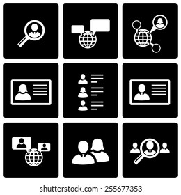 Vector black people search icon set on black background.