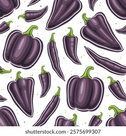 Vector Black Pepper Seamless Pattern, square background with various flying sweet and spicy cartoon whole peppers, placard with group of flat lay variety black organic bell peppers on white background