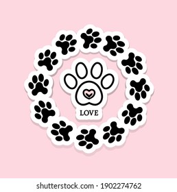 Vector black pet dog cat footprint paw mark silhouette drawing sign isolated on pink background.Round circle wreath frame with doggy footstep.Heart icon shape in puppy nose.T shirt print .Sticker.Love