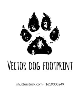 Vector black pet dog grunged footprint paw mark silhouette drawing sign illustration isolated on white background.T shirt print design.Sticker.