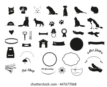 Iconos de mascotas negras vectoriales. La silueta pega elementos para logotipo, emblema, etiqueta. Conjunto de signos de mascotas negras de gato, perro, hámster, pez, loro, bozal para su ilustración vectorial de diseño.