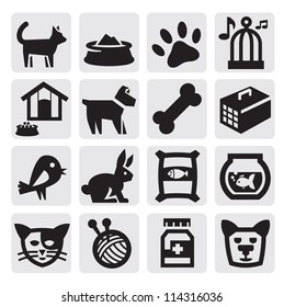 vector black pets icons set on gray