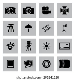 Vector black photo icon set on grey background