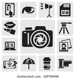 vector black photo icons set on gray background