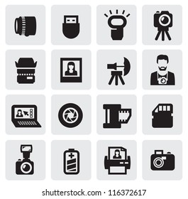 vector black photo icons set on gray