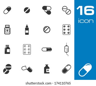 Vector black pills icon set on white background