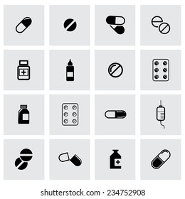 Vector black pills icon set on grey background