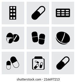 Vector black pills icons set on grey background