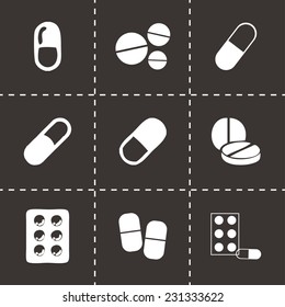 Vector black pills icons set on black background
