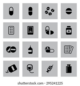 Vector black pills icons set on grey background