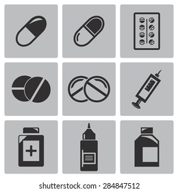 Vector black Pills, medication icons set 