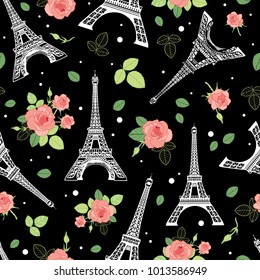 Vector Black Pink Eifel Tower Paris and Roses Flowers Seamless Repeat Pattern Surrounded By St Valentines Day Hearts Of Love. Perfect for travel themed postcards, greeting cards, wedding invitations.