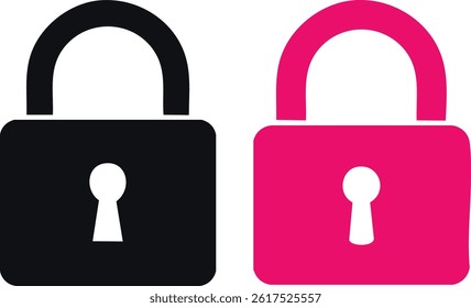 Vector Black and Pink Lock Icons with Minimalist Design, Bold Silhouettes, and Security Symbols