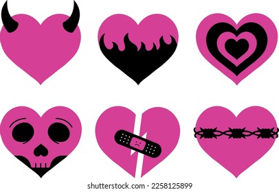 Vector black and pink stylish hearts y2k style, emo love collection