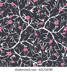 Vector black, pink, and white blooming sakura bracnhes painted texture. Seamless repeat pattern background. Great for wallpaper, cards, fabric, wrapping paper, stationery projects.