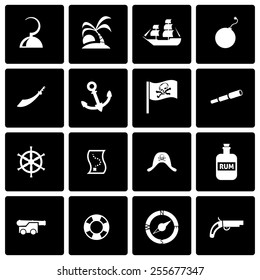 Vector black pirate icon set on black background.