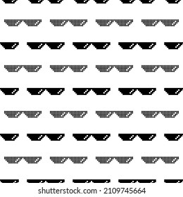 Vector Black Pixel Sunglasses Seamless Pattern Isolated on White Background.