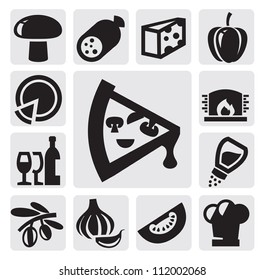 vector black pizza icons set on gray