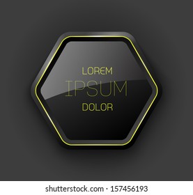 Vector black plastic glossy hexagonal badge with yellow neon details