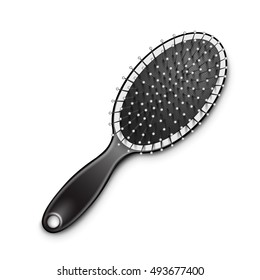 Vector Black Plastic Grooming Hair Brush Comb Top View Isolated On White Background