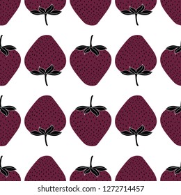 Vector black and plum purple strawberries spring summer seamless pattern background. Great as a textile print, party invitation or packaging.White background.