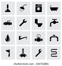 Vector black plumbing icon set on grey background