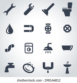 Vector black plumbing icon set on gray background