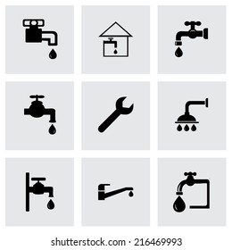 Vector black plumbing icons set on grey background