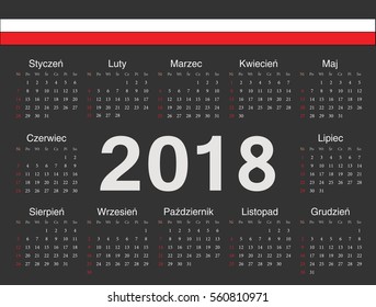 Vector black Polish circle calendar 2018. Week starts from Sunday.