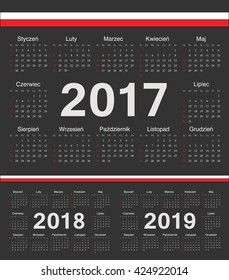Vector black Polish circle calendars 2017, 2018, 2019. Week starts from Sunday.