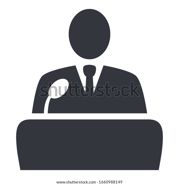 Vector Black Politician Icon - Man in Suit in\
front of Microphone. Debate\
Symbol.
