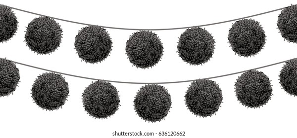 Vector Black Pom Poms Set On A String Horizontal Seamless Repeat Border Pattern. Great for handmade cards, invitations, wallpaper, packaging, nursery designs.