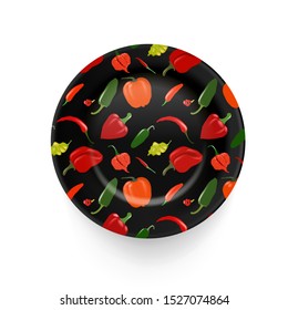 Vector black porcelain plate with hand drawn peppers. Arts and crafts, interior decoration