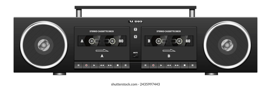 Vector black portable vintage stereo tape recorder with cassette decks and speakers in a modern design. Audio recording device. Retro music mobile gadget. White isolated background.