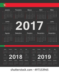 Vector black Portuguese circle calendars 2017, 2018, 2019. Week starts from Sunday.