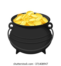 Vector black pot of gold coins isolated on a white background.