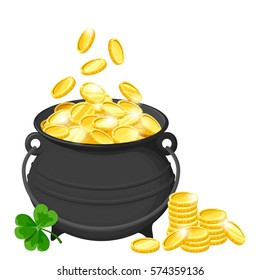 Vector Black Pot Of Gold Coins And Shamrock Isolated On A White Background.