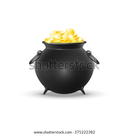 Vector black pot of gold coins isolated on a white background