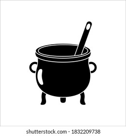 Vector black pot icon. Isolated magic kettle with potion. Black shape of mystery boiler on the white background. Coloring cartoon illustration
