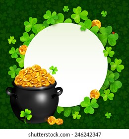 Vector black pot of magic gold on clovers circle background