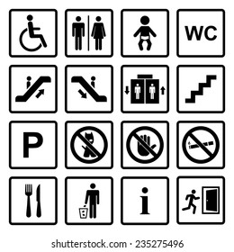 Vector Black Public Icons Set With Toilet,child,garbage,dog,lift,escalator,exit,stairs,wheel Chair,smoking,internet, Parking,cafe,eatery