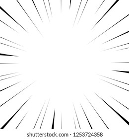 Vector black radial lines for comics, superhero action. Manga frame speed, motion, explosion background. Design element isolated white background.