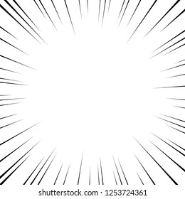 Vector black radial lines for comics, superhero action. Manga frame speed, motion, explosion background. Design element isolated white background.