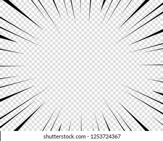 Vector black radial lines for comics, superhero action. Manga frame speed, motion, explosion background. Design element isolated transparent background.